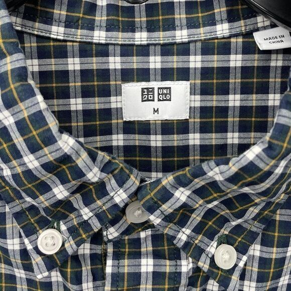 UNIQLO Shirt Mens Medium M Green Tartan Plaid Button Down Cotton Long Sleeve - Picture 6 of 8